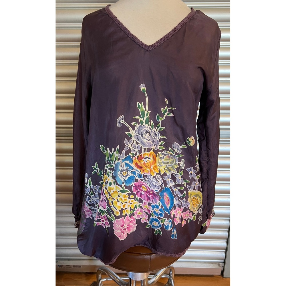 Johnny Was Silk Tunic Top Plum Purple Floral V-Neck Crochet Trim Roll Tab Small